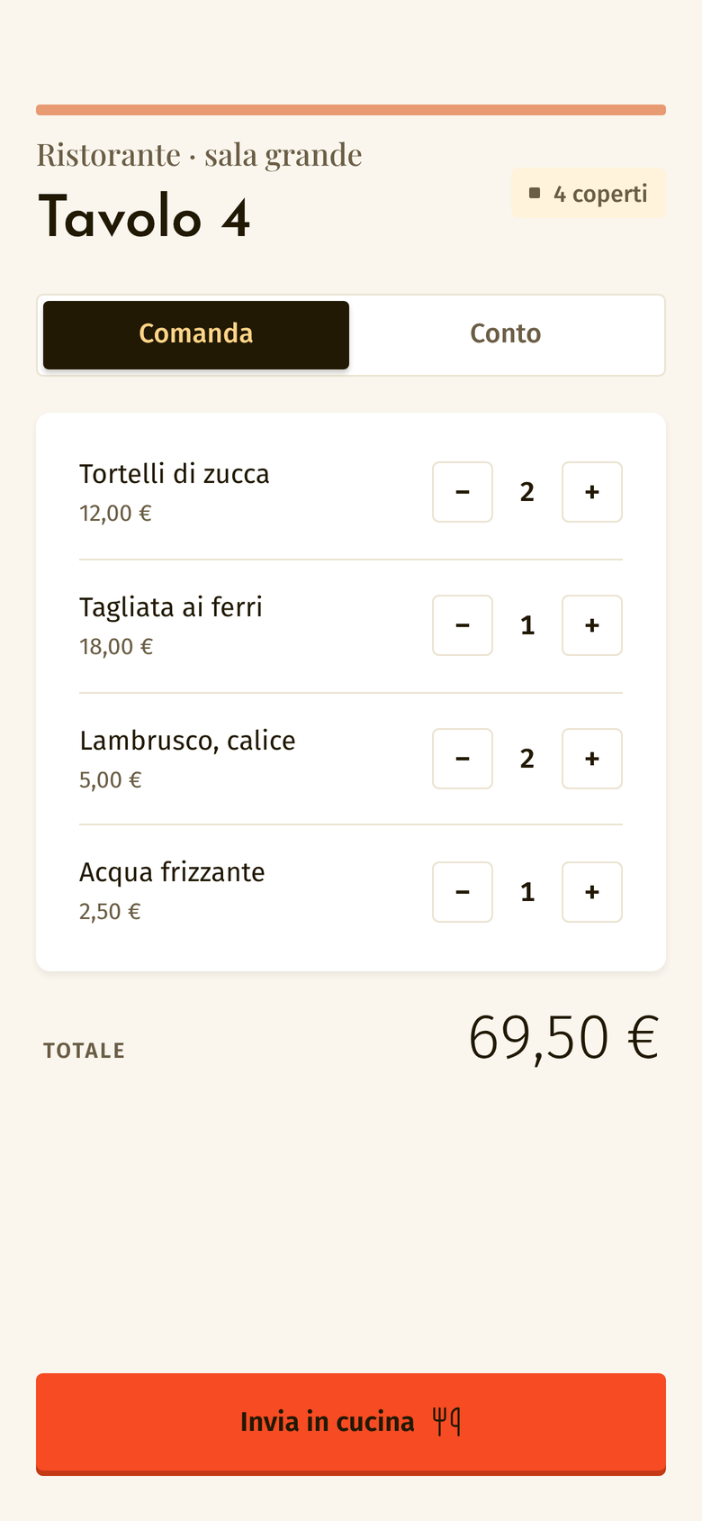 La comanda del tavolo 4 in Fattore, con le quantità e l'invio in cucina.